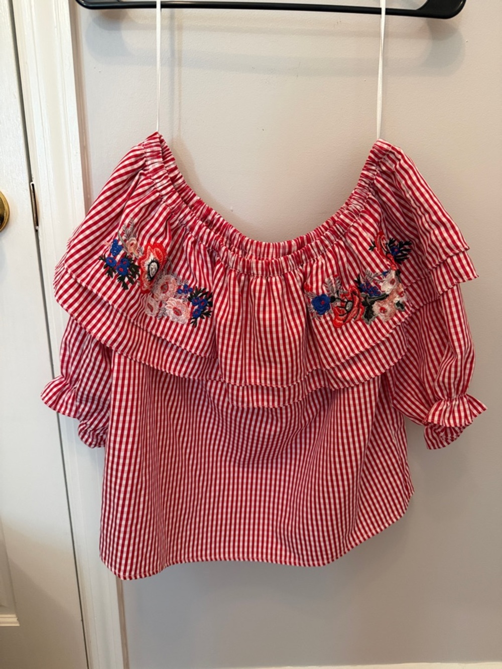 Lost + Wander Red Striped Off-Shoulder Top with Floral Embroidery